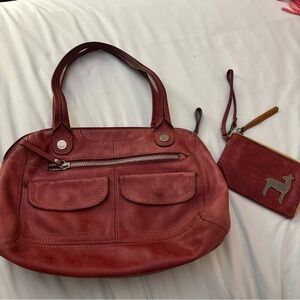 Fossil Lot Red Soft Glove Leather  Shoulder Bag Satchel Wristlet Wallet Purse